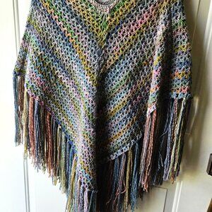 Bohemian Poncho in Subtle Shades of Blue Green Pink Aqua and Grey